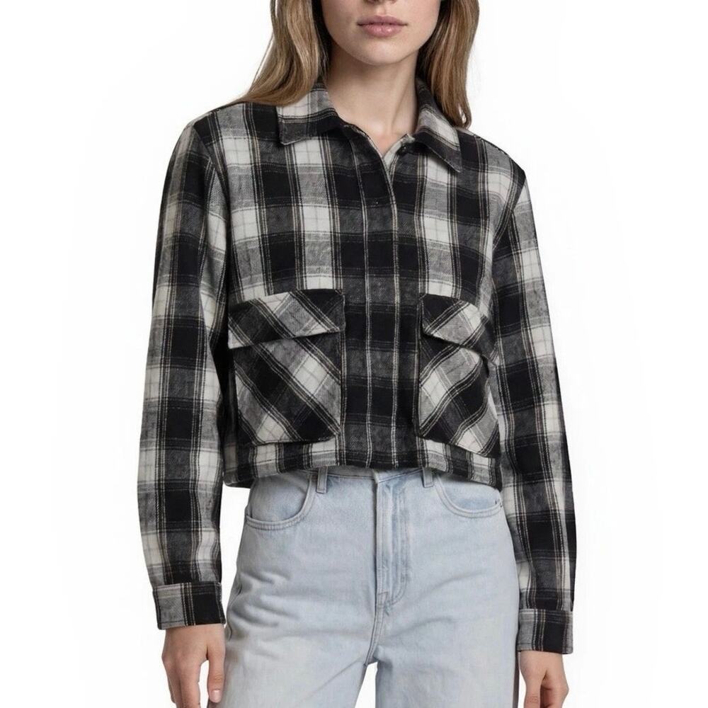 Lucky Brand Plaid Cropped Shacket Jacket Medium Black White 100% Cotton